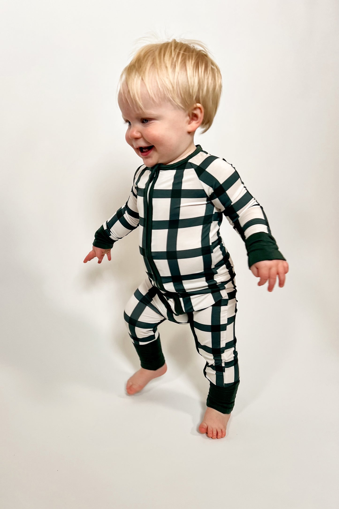 Double Zip Convertible Bamboo Romper - Emerald Gingham